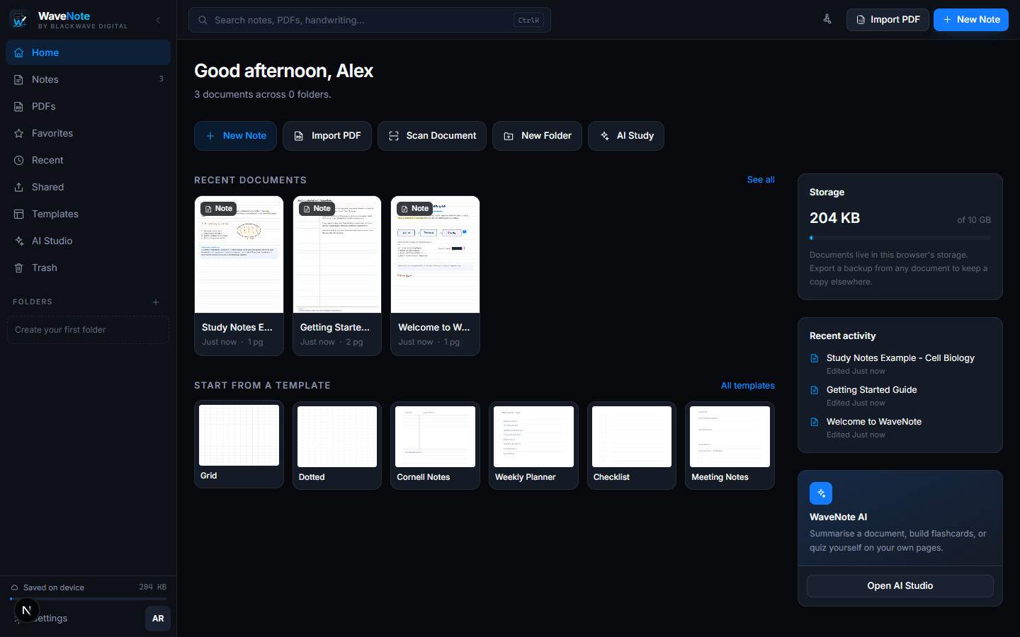 The WaveNote library showing note and PDF cards in a grid with folders in the sidebar.