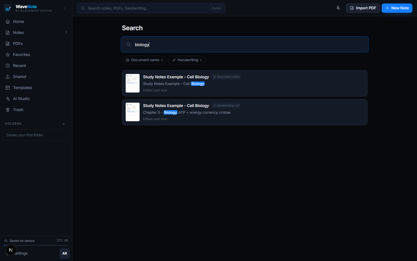 WaveNote global search returning matches from notes and PDFs.